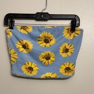 Blue Strapless Crop Top with Sunflower Print